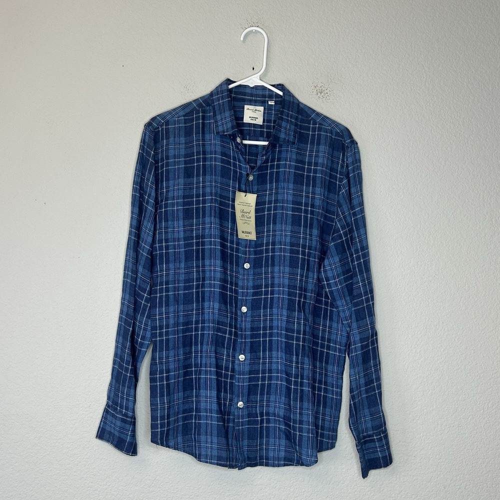 NWT Murano Baird McNutt Linen Shirt Mens Size L Slim Fit Long Sleeve Blue Plaid